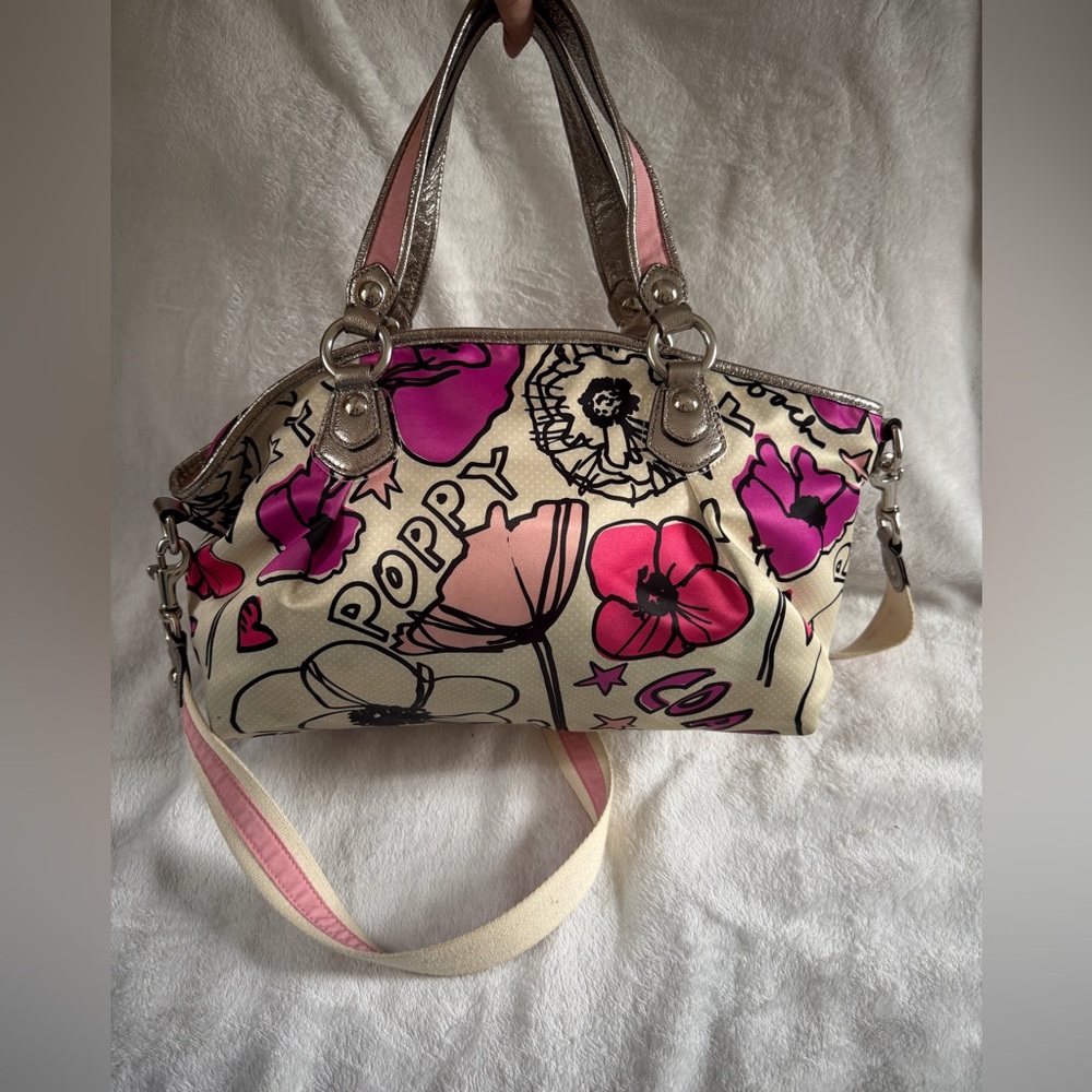 Coach Poppy Petal Print Lurex Rocker Hand Bag Crossbody Bag Strap #16308 EUC - Picture 3 of 11